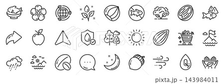 Almond nut, Plants watering and Hazelnut line icons pack. Share, Message, Paper plane icons. Seafood, Fair trade, Sea mountains web icon. No alcohol, Co2 gas, Sunny weather pictogram. Vector 143984011
