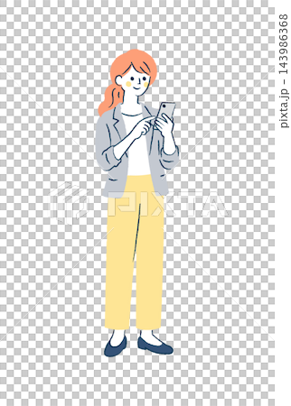 Full-body illustration of a woman smiling and using her smartphone | Smartphone, ponytail, jacket, pants Full-body illustration of a woman smiling and using her smartphone | Smartphone, ponytail, jacket, pants 143986368