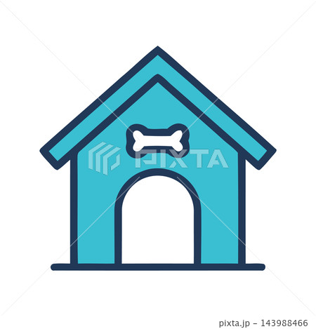 Simple cartoon illustration of a blue dog house icon with a bone symbol above the entrance. 143988466