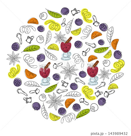 Circular cozy Winter design of mulled wine with fruits slices and spices Hand drawn doodle art Flat. Isolated Vector illustration of drinks and fruit in a filled circle for menu covers, cards or tags. 143989432