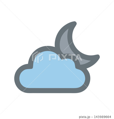 A simple graphic illustration of a cloud obscuring a crescent moon, representing nighttime weather. 143989664