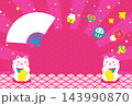 かわいい招き猫と縁起物と日の出のお正月背景イラスト 年賀状テンプレート 143990870