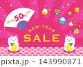かわいい招き猫と縁起物と日の出のお正月背景イラスト 年賀状テンプレート 143990871