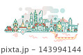 Bangkok Thailand Landmarks Modern Line Colored Illustration with Wat Arun, Tuk Tuk, Skyscraper building and architectural, city icon 143994144