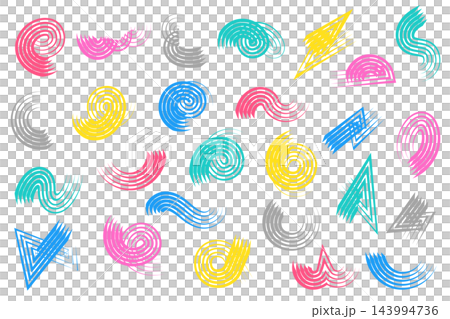 割れたハケで描いたようなかすれた抽象的なラインや渦巻きのあしらいセット 割れたハケで描いたようなかすれた抽象的なラインや渦巻きのあしらいセット 143994736
