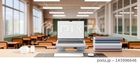 3D Illustration of Laptop with Blank Screen on Teacher's Desk in Modern Empty Classroom Education Setting 3D Illustration of Laptop with Blank Screen on Teacher's Desk in Modern Empty Classroom Education Setting 143996646