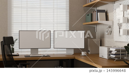 3D Illustration of Modern Dual Monitor Home Office Workspace with Wooden Desk, Shelves and Organized Setup 143996648