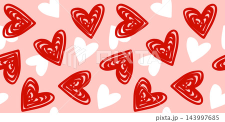 Romantic seamless pattern background with red and white scribbled hearts on pink backdrop 143997685