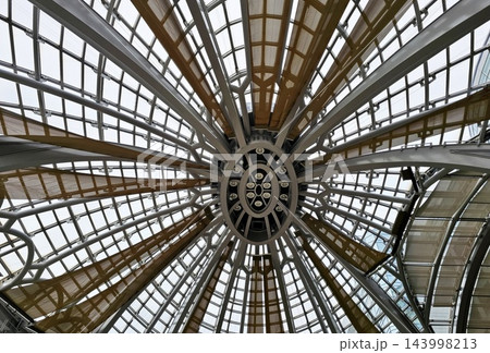 Symmetrical Low Angle View of Modern Steel and Glass Dome Roof Inside Kansai International Airport Terminal 143998213