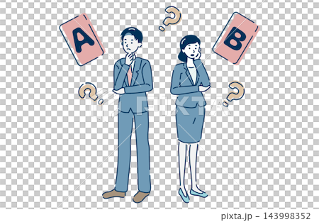 An illustration (with outlines) of a business man and woman struggling to choose between two options, A and B. An illustration (with outlines) of a business man and woman struggling to choose between two options, A and B. 143998352