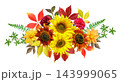 Autumn bouquet. Vibrant bouquet of mixed sunflowers and dahlia flowers in floral arrangement isolated on white background, top view 143999065
