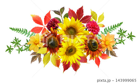 Autumn bouquet. Vibrant bouquet of mixed sunflowers and dahlia flowers in floral arrangement isolated on white background, top view Autumn bouquet. Vibrant bouquet of mixed sunflowers and dahlia flowers in floral arrangement isolated on white background, top view 143999065
