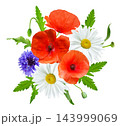 bouquet of colorful daisy, cornflower and red poppy flowers isolated on white background, top view 143999069