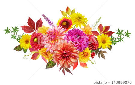 Autumn bouquet. Vibrant bouquet of mixed dahlia and daisy flowers in floral arrangement isolated on white background, top view 143999070