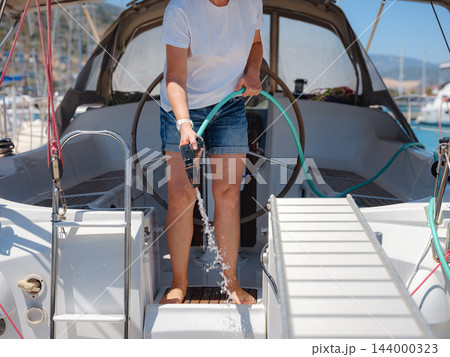 Adult Woman Enjoying Sunny Day On Yacht Finike Marina Turkey Adult Woman Enjoying Sunny Day On Yacht Finike Marina Turkey 144000323