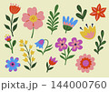 Colorful whimsical garden flowers and botanical elements collection, cute hand drawn floral illustrations on pastel background 144000760