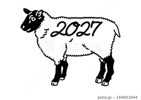 西暦2027年の数字と黒い線で描いた羊の全身イラスト 西暦2027年の数字と黒い線で描いた羊の全身イラスト 144001644