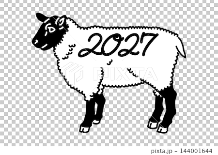 一幅以黑色線條和年份 2027 繪製的綿羊全身插圖。 一幅以黑色線條和年份 2027 繪製的綿羊全身插圖。 144001644