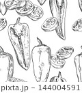 Vector sketch light gray seamless pattern of pepper vegetable. A background depicting halves and slices of sweet peppers. Capsicum or paprika hand drawn. Retro style. Etching technique. 144004591