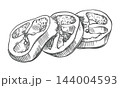 Vector sketch of three overlapping slices of a pepper vegetable. Sweet pepper rings isolated on background. Capsicum or paprika hand drawn, etching technique. Retro style. Clip art for retro logos. 144004593