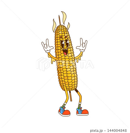 Cartoon groovy barbecue grilled corn cob character 144004848
