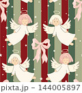 Christmas seamless pattern with kawaii angels on vintage red and green striped background. Vector Xmas cute angels hand drawn print. 144005897