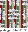 Seamless Pattern of funny Sardines wrapped in Christmas lights on red and green striped background. Holiday fish background, vector illustration. 144005898