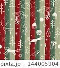 Fairy Christmas seamless pattern with outline winter forest icons and angels on vintage red and green striped background. Festive Xmas illustration. 144005904