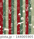 Fairy Christmas seamless pattern with outline winter forest icons and angels on vintage red and green striped background. Festive Xmas illustration 144005905