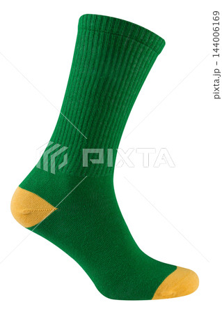 Green cotton sports sock with yellow heel and toe isolated on white background, casual athletic footwear mockup 144006169