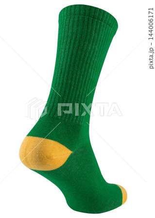 Green cotton sports sock heel view with yellow heel isolated on white background, athletic wear textile accessory mockup Green cotton sports sock heel view with yellow heel isolated on white background, athletic wear textile accessory mockup 144006171