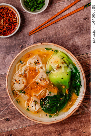 Soup with wontons and bok choy Soup with wontons and bok choy 144006389