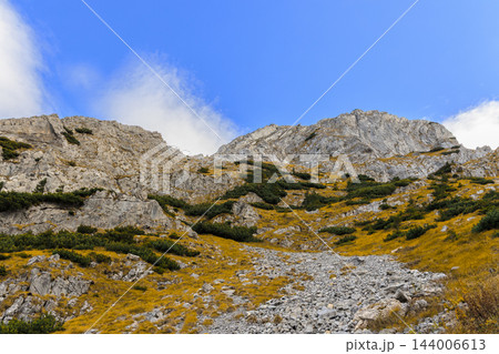 rocky scree path cuts through golden grasses and low shrubs toward pale limestone ridges, with scattered clouds crossing the vivid blue sky rocky scree path cuts through golden grasses and low shrubs toward pale limestone ridges, with scattered clouds crossing the vivid blue sky 144006613