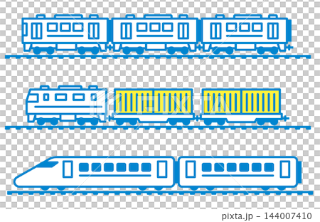 一套簡單的鐵路圖標,包括火車、貨運列車和新幹線式車輛。 一套簡單的鐵路圖標,包括火車、貨運列車和新幹線式車輛。 144007410