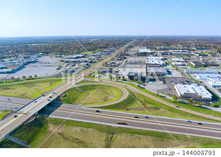 Clear image of highway overpass, curved ramps, retail area with buildings parking in Fairview Heights, Illinois, United States Clear image of highway overpass, curved ramps, retail area with buildings parking in Fairview Heights, Illinois, United States 144008793