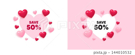 Discount heart shaped banner. 3d flying hearts. Save 50 percent off tag. Sale Discount offer price sign. Special offer symbol. Valentines day greeting card. Cute 3d love hearts. Vector Discount heart shaped banner. 3d flying hearts. Save 50 percent off tag. Sale Discount offer price sign. Special offer symbol. Valentines day greeting card. Cute 3d love hearts. Vector 144010532