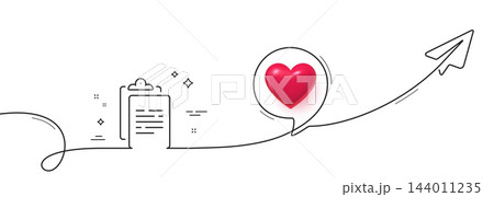 Clipboard document line icon. Continuous line with share plane. Agreement file sign. Survey record symbol. 3d heart in speech bubble. Clipboard single line ribbon. Loop curve pattern. Vector Clipboard document line icon. Continuous line with share plane. Agreement file sign. Survey record symbol. 3d heart in speech bubble. Clipboard single line ribbon. Loop curve pattern. Vector 144011235