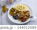 Fried Chicken Liver with Mashed Potatoes and Pickles 144012089