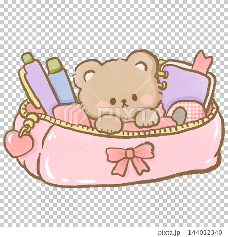 Cute Chibi Brown Teddy Bear Peeking Out of a Pastel Pink Pencil Case Filled with Colorful Pens and Pencils and School Supplies Decorated with a Sweet Pink Bow and Heart Charm Kawaii Illustration Cute Chibi Brown Teddy Bear Peeking Out of a Pastel Pink Pencil Case Filled with Colorful Pens and Pencils and School Supplies Decorated with a Sweet Pink Bow and Heart Charm Kawaii Illustration 144012340