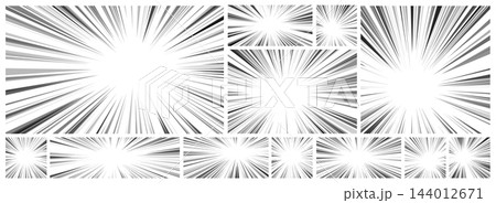 Manga radial pattern with comic speed effect background. Cartoon anime line vector for pop art graphic design. Dynamic light burst action book illustration. 144012671