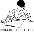書道をする女性の墨絵イラスト・教室案内＆和風ポスター向けデザイン素材 144014124