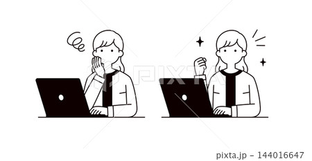 困ったポーズとガッツポーズの、パソコンを操作する女性の上半身ベクターイラスト素材セット 144016647