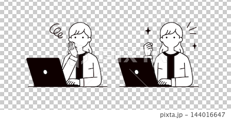 A set of vector illustrations of a woman's upper body operating a computer, in both a troubled and a triumphant pose. A set of vector illustrations of a woman's upper body operating a computer, in both a troubled and a triumphant pose. 144016647
