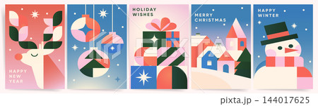 Set of Christmas card designs in a modern geometric gradient style. Featuring reindeer, snowman, gift boxes, hanging ornaments and snowy village for winter holiday celebration, vector illustration 144017625