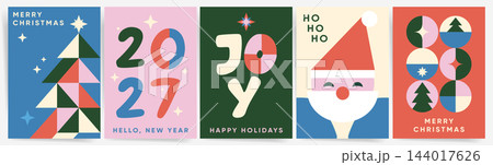 Set of Christmas card designs in a modern flat geometric style with bold retro lettering. Featuring Christmas tree, Santa Claus, ornaments and stars for winter holiday greeting, vector illustration 144017626