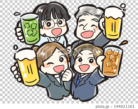 一幅插圖,描繪了一男一女兩位上班族舉杯暢飲生啤的場景。 一幅插圖,描繪了一男一女兩位上班族舉杯暢飲生啤的場景。 144021161
