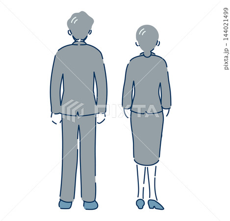 スーツ姿で並んで立つシニアビジネス男女2人の後ろ姿の全身イラスト(線あり) スーツ姿で並んで立つシニアビジネス男女2人の後ろ姿の全身イラスト(線あり) 144021499
