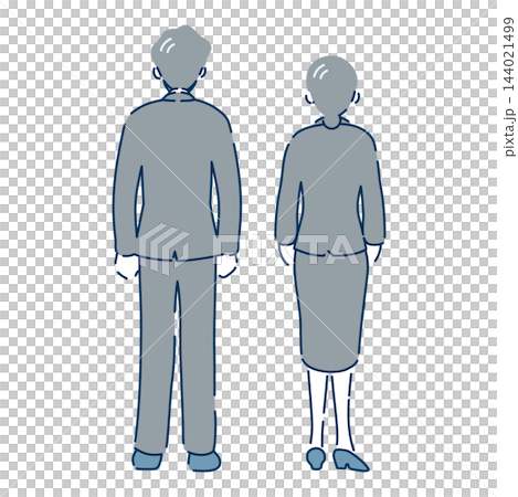 A full-body illustration (with outlines) of two senior businessmen, a man and a woman, standing side-by-side in suits, from behind. A full-body illustration (with outlines) of two senior businessmen, a man and a woman, standing side-by-side in suits, from behind. 144021499