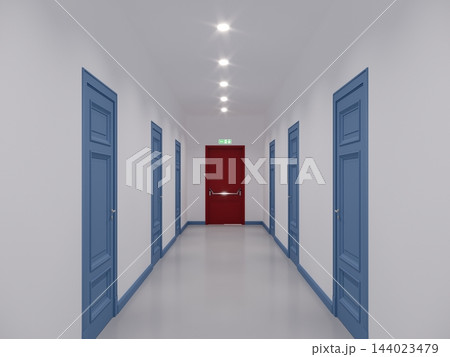 Fire exit  door with interior corridor space. 3d rendering 144023479