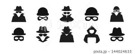 Anonymous spy Incognito detective mask icon. Set mysterious silhouette stranger with hat and glasses for spy theme, hidden identity, or secret agent avatar design. Detective icon with hat and glasses Anonymous spy Incognito detective mask icon. Set mysterious silhouette stranger with hat and glasses for spy theme, hidden identity, or secret agent avatar design. Detective icon with hat and glasses 144024633